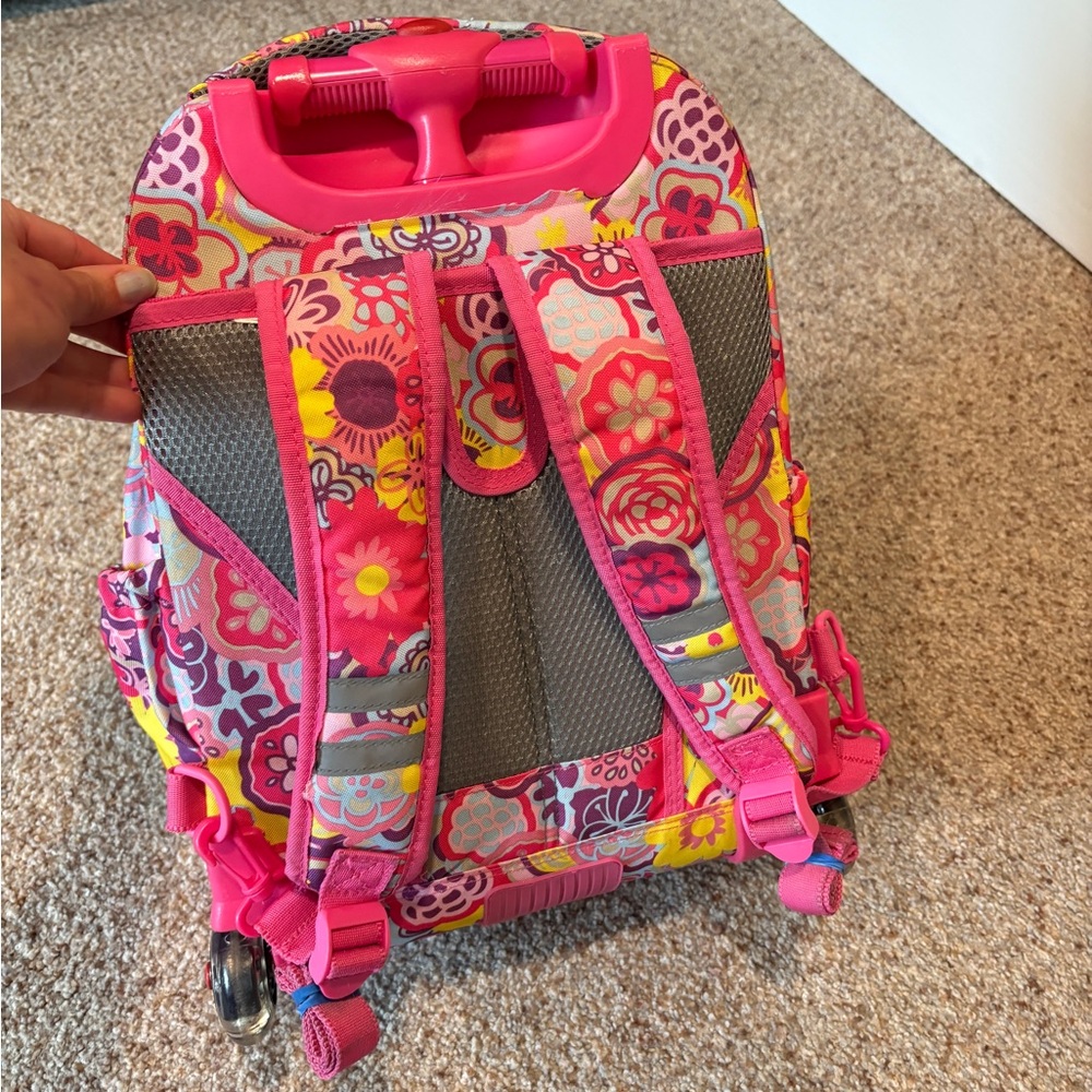 J World pink Floral Rolling Backpack